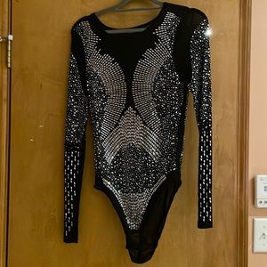 Black mesh body suit with rhinestone details